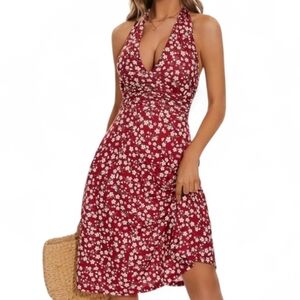 HuHot Floral Halter Dress Color Cherry Whith Flowers